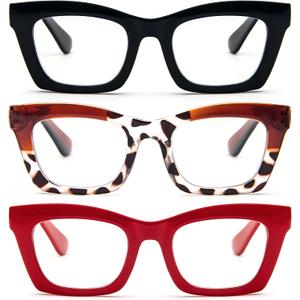 REAVEE Reading Glasses for Women, Blue Light Blocking Stylish Oversized Computer Readers Spring Hinge (Black/Brown Leopard/Red)