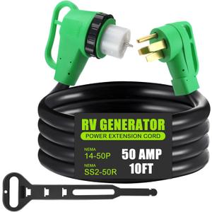 Kanayu 10 FT 50 Amp NEMA 14-50P to SS2-50R RV Generator Cord Extension Cord with 90 Degree Locking Grip Handle, RV Power Cable with Locking Connector, Heavy Duty STW Wire with Organizer