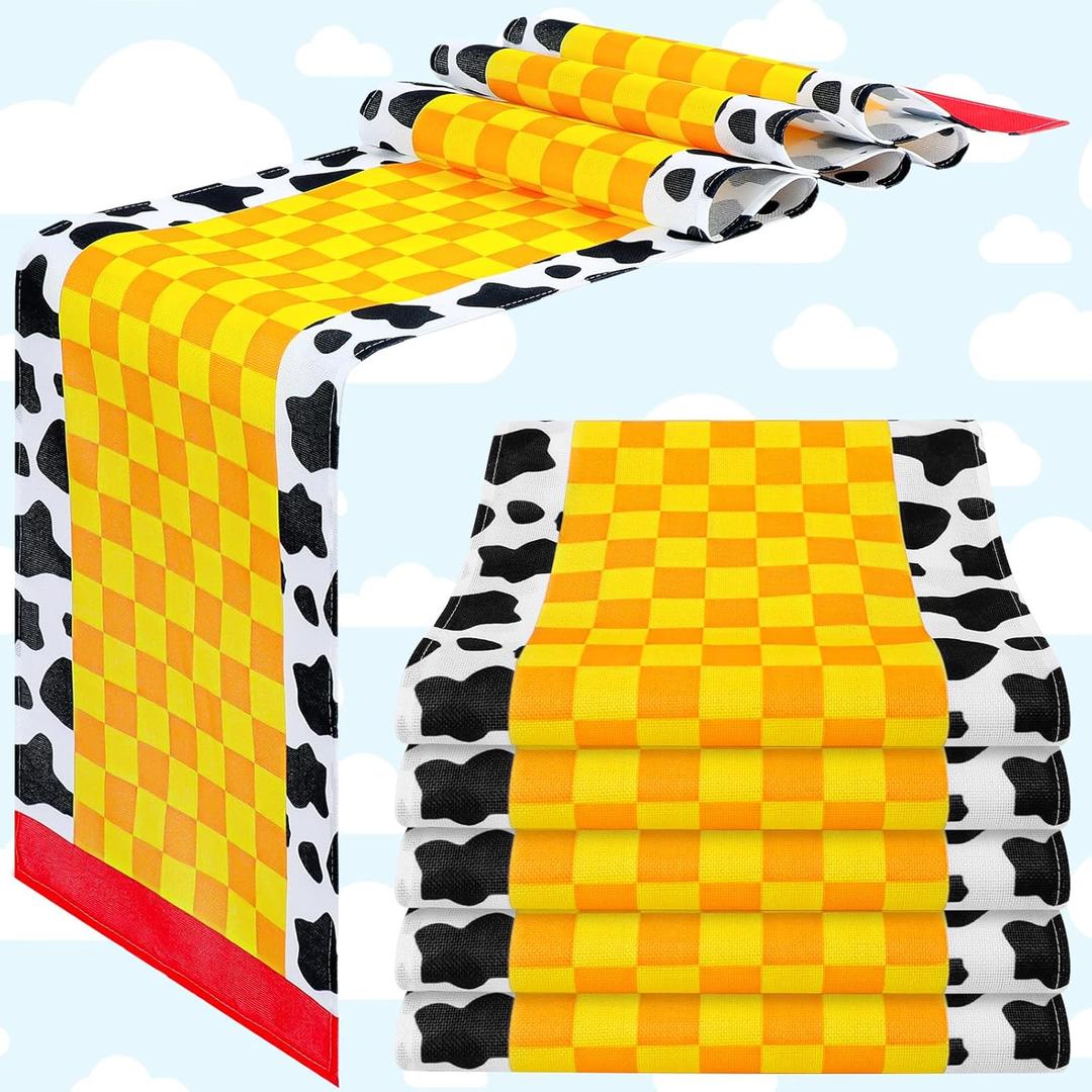 6 Pcs Cartoon Story Table Runner Cartoon Story Birthday Party Supplies Cow Pattern Printed Check Table Decor Tablecloth Party Supplies,13 x 72 in