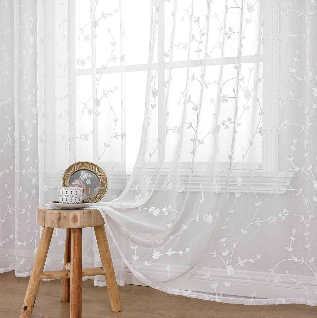 YoungsTex Sheer Curtains 63 Inches Length for Short Embroidered Rod Pocket Faux Linen White Semi Sheer Window Drapes Light Filtering Lightweight for Bedroom, Small Flower, 2 Panels, 42 X 63 Inch