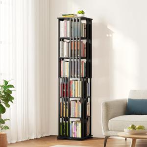 SpaceAid 6 Tier Rotating Bookshelf Tower, Bamboo Spinning Book Shelf, Revolving 360 Bookcase Storage Swivel Round Carousel, Vertical Rotate Turning Spiral Corner Organizer, Black 67.5" H