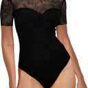 SEBOWEL Women Sexy Floral Lace Mesh Bodysuit Short Sleeve Sheer See Through Mesh Bodysuit Tops Going Out Tops Romper Clubwear (Small)