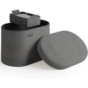StorageBud Round Ottoman with Storage for Living Room, 18 Inch Storage Ottoman, Small Ottoman Foot Rest, Boucle Foot Stool Ottoman Max 330lbs, Grey Ottoman