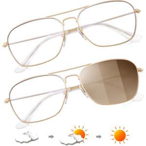 JM Aviator Blue Light Blocking Computer Glasses, Square Eye Protect Video Eyeglasses Anti Glare Men Women (Gold Frame / Anti Blue-ray Lens & Photochromic Lens)