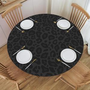 Black Leopard Tablecloth with Elastic Edge, Round Table Cover Washable Reusable Table Cloths for Kitchen Dining Party, Medium (Fits 45-50 in)