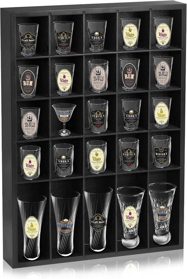 Shot Glass Display Case for Wall, Wood Holds Set of 30 Glasses Shot Glass Holder Display Shelf, 17'' x 12''-3'' x 2''Removable partition (Black)