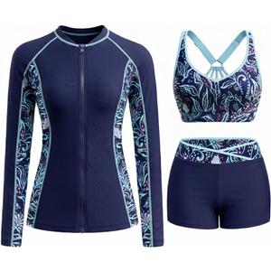 Daci Women 3 Piece Rash Guard - Long Sleeve Zip Up Swim Shirt with Sports Bra and Shorts UPF 50+ Modest Swimuits 2026 (Large, Blue Floral)