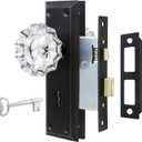 Upgraded Mortise Lock Set for Interior Door, Matte Black Vintage Style Crystal Glass Door Knobs with Lock and Skeleton Key, Old Style Door Knobs Reversible for Left & Right Handed Door (Interior Mortise)