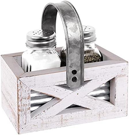 Farmhouse Salt and Pepper Shakers Set With Wood Holder Barn Door Motif, Galvanized Metal Rustic Napkin Holder for Country Farmhouse Kitchen Décor (White)