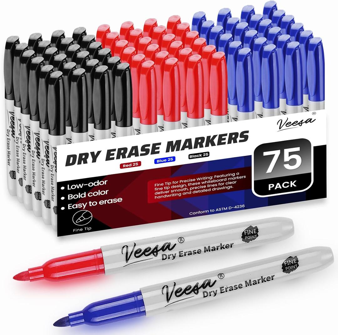 VEESA Dry Erase Markers (Black Red Blue), Fine Tip, 75 Count Low-Odor Whiteboard Marker Pens for Office School Home (Multicolor)