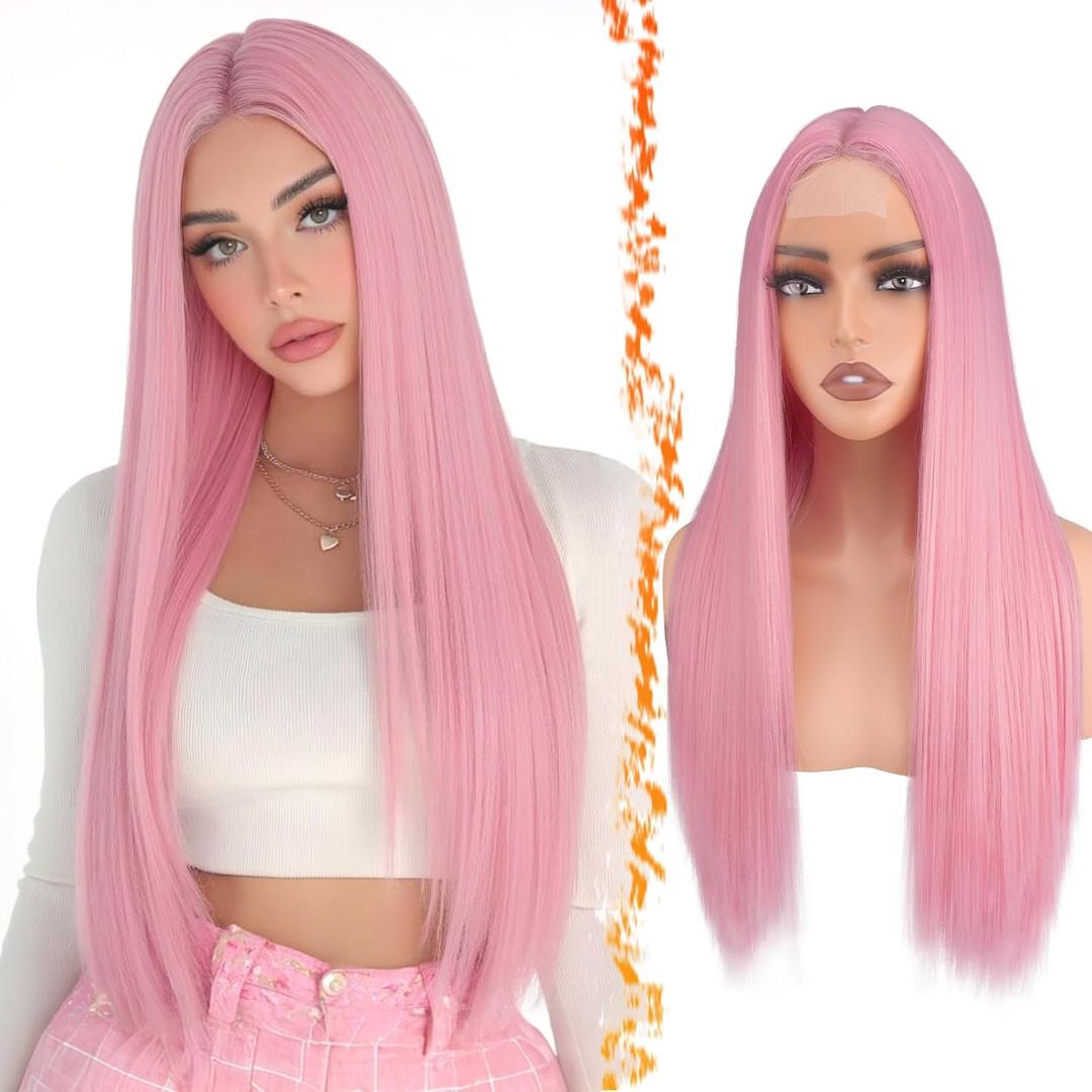 BARSDAR Long Straight Pink Wig - Long Straight Middle Part Pink Wigs for Women - 28 Inch Natural Looking Thick Soft Synthetic Hair Replacement Wigs Daily Party Halloween Wig