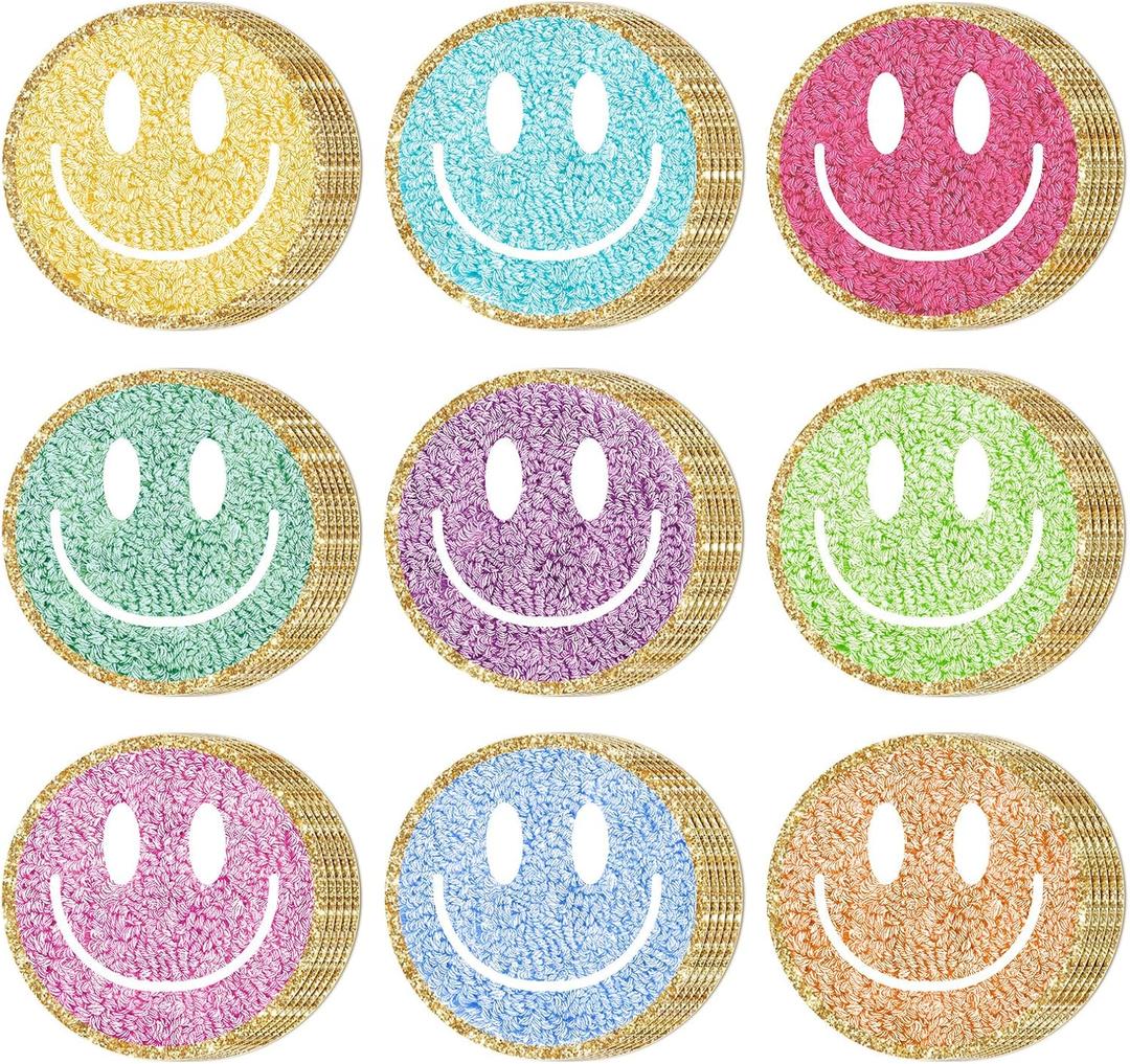 FYSUIMU 45 Pcs Boho Smile Face Cutouts Groovy Happy Face Cut-Outs Colored Preppy Paper Cutting with 100 Pcs Glue Points for DIY Crafts Back to School Classroom Bulletin Board