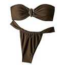 SHENHE Women's 2 Piece Strapless Swimsuit Metal Ring High Cut Thong Ruched Bandeau Bikini Set Coffee Brown Large