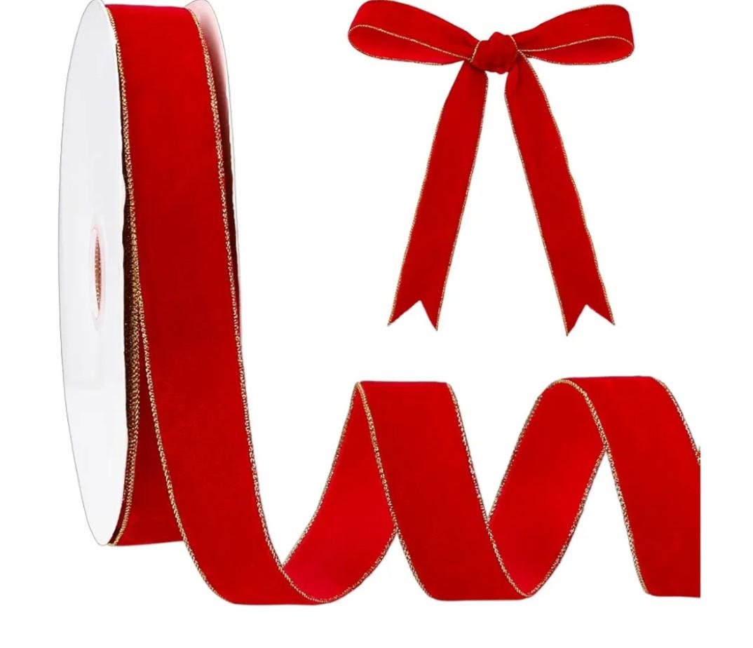 PH PandaHall 20 Yards Red Velvet Ribbon 1" Christmas Decoration Ribbon with Gold Edged, Soft Satin Velvet Wired Ribbons for Christmas Tree Wreath Hair Bows Wedding, Parties Ornaments Gift Wrapping