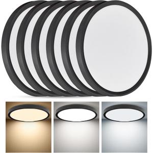6PK 12 Inch Super Slim LED Flush Mount Ceiling Light, 24W, 2520LM, Selectable 3000K/4000K/6000K CCT, Low Profile Round Flat Panel Light for Bedroom, Kitchen, Hallway (Black)