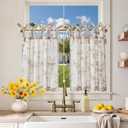 jinchan Floral Kitchen Curtains 24 Inch Linen Tier Curtains Farmhouse Cafe Half Window Drapes Over Sink Light Filtering Taupe on Beige for Living Room Laundry Tie Top 2 Panels