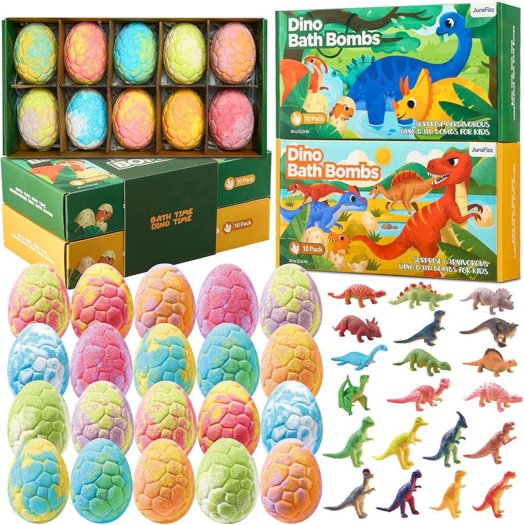 Dinosaur Bath Bombs for Kids with Surprise Inside, 20 Pack Natural Dino Egg Bath Bombs with Exclusive Carnivorous & Herbivorous Dinosaur Toys, Easter Basket Stuffers Easter Gifts for Boys, Girls