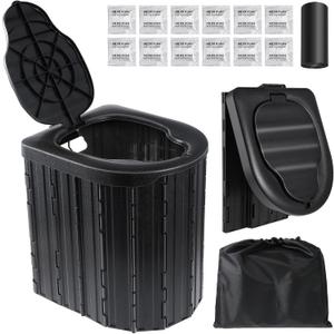 Portable Toilet for Adults, Foldable Plastic Toilet, with Lid and Paper Holder Travel Porta Potty for Adults Camping, Hiking, RV, Fishing, Beach, Road Trip, Truck, Hunting (black-15.7''H)