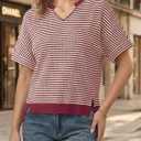 Fisoew Womens Short Sleeve Sweater Summer V Neck Striped Pullover Tops Casual High Low Loose Slit Cropped T Shirts (M)