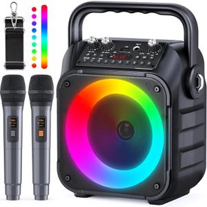 Karaoke Machine, Portable Bluetooth Speaker with 2 Wireless Microphones for Adults & Kids with Lights, Karaoke Microphone with PA System Supports USB/TF/REC/FM/AUX for Home Party