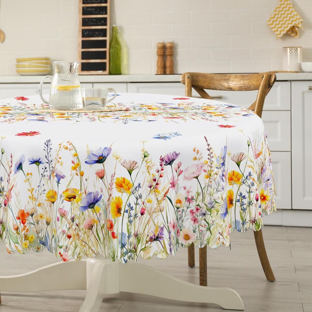 Round Spring Tablecloth 70 inches - Floral Spring Decorations for Home - Water Resistant Table Cloth Blooming Flower Decor for Home, Table, Party