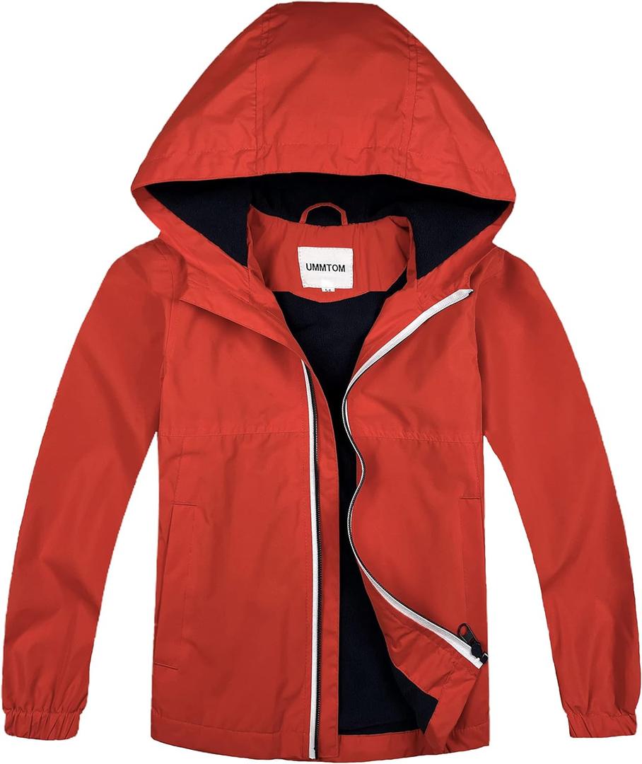 Boys Rain Jackets Lightweight Waterproof Hooded fleece Raincoats Windbreakers for Kids (8-9 Years, Solid Red)