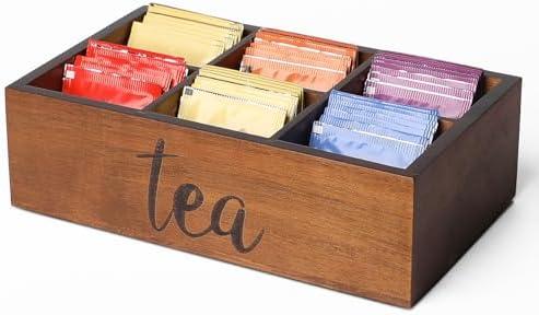 LBEMEY Tea Bag Organizer,Acacia Wood Tea Storage Containers with 6 Compartments, Sugar Packet Holder,Tea Bag Caddy Box for Cabinet Countertop Office (Brown-Labeled "Tea")