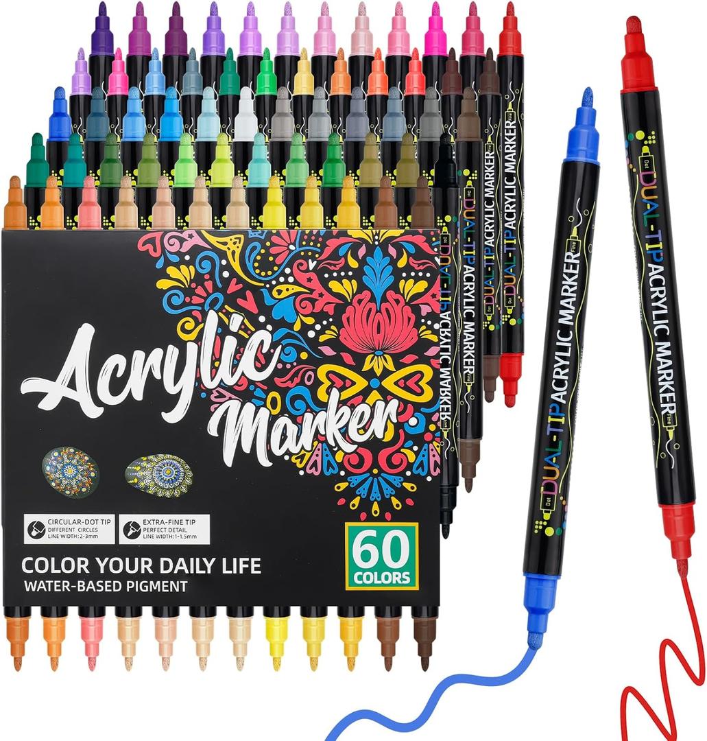 60 Colors Dual Tip Acrylic Paint Pens, Fine Tip & Dot Tip Acrylic Paint Markers, Water-Based Permanent Paint Pens for Rock Painting, Canvas, Glass, Ceramic, Wood, DIY Craft Art Supplies