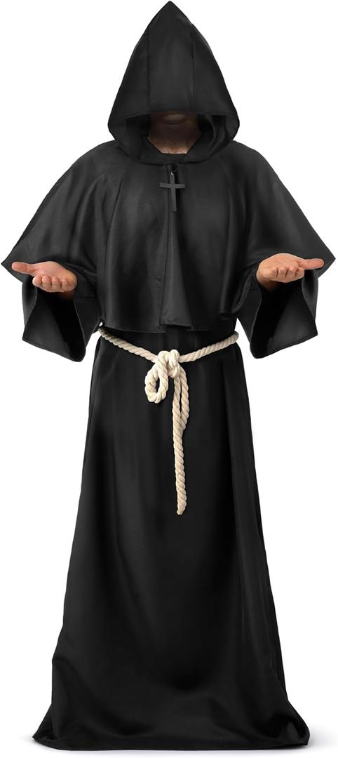 Spooktacular Creations Adult Medieval Hooded Monk Cloak Renaissance Priest Robe Halloween Costume (XX-Large, Black)