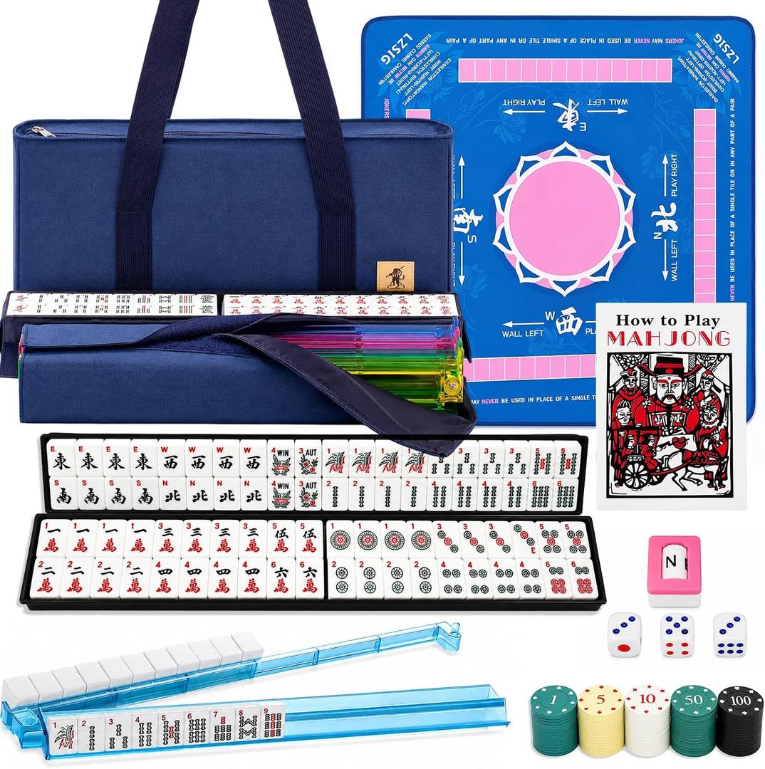 American Mahjong Game Set with Mat and Racks, 166 White Tiles Mahjong Set, 80x80cm Mat, 4 All-in-One Rack/Pushers, Numbered Chips, Carrying Bag & Accessories for Travel and Family Game Night