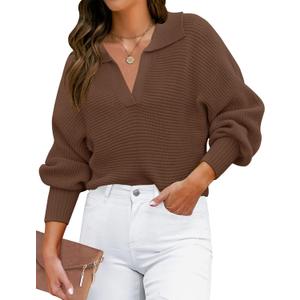 ZESICA Women's Fall Lapel Collar V Neck Long Sleeve Ribbed Knit Comfy Loose Casual Pullover Sweater Jumper Top (Brown, S)