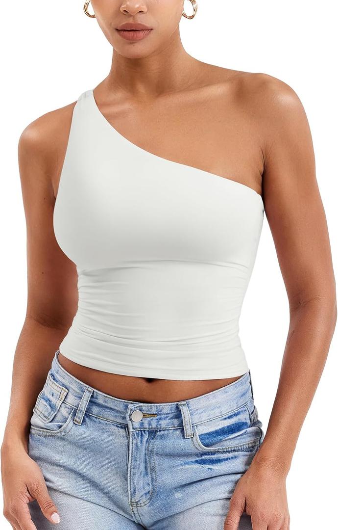YEOREO Womens One Shoulder Tops Sleeveless Going Out Tank Top Fanciy Double Lined Cropped Tee Y2K Summer Shirts Slim Fit (Large, White)