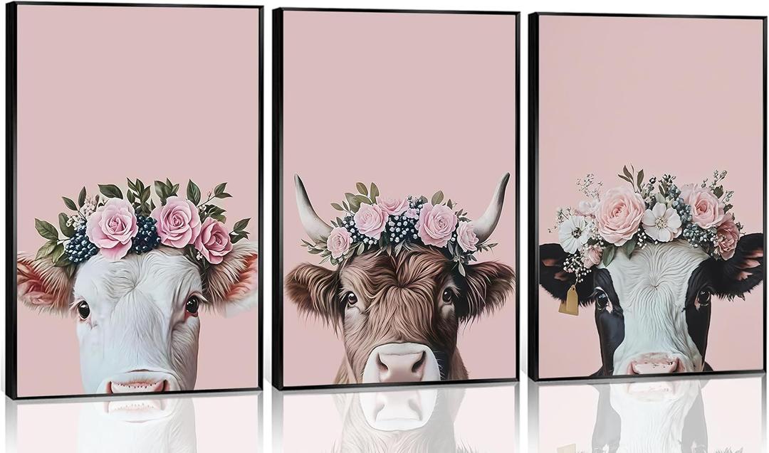 3pcs Cow Canvas Wall Art Pastoral wind cattle in Wreath Poster Print pink Funny Farmhouse Picture Painting Wall Decor for Living Room Bathroom Unframed