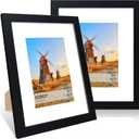 8x10 Picture Frame Set of 2, 8 x 10 Wood Photo Frames with Mat for 5x7, Wooden Frame with Real Glass Cover for Wall and Tabletop Display, Black