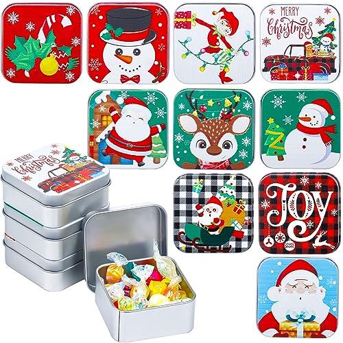 20 Pcs Christmas Cookie Tins with Lids Christmas Tins and Boxes Santa Snowman Elk Candy Box Tinplate Candy Bins Decorative Novelty Treat Gift Funny Stocking Stuffers for Holiday Gifts