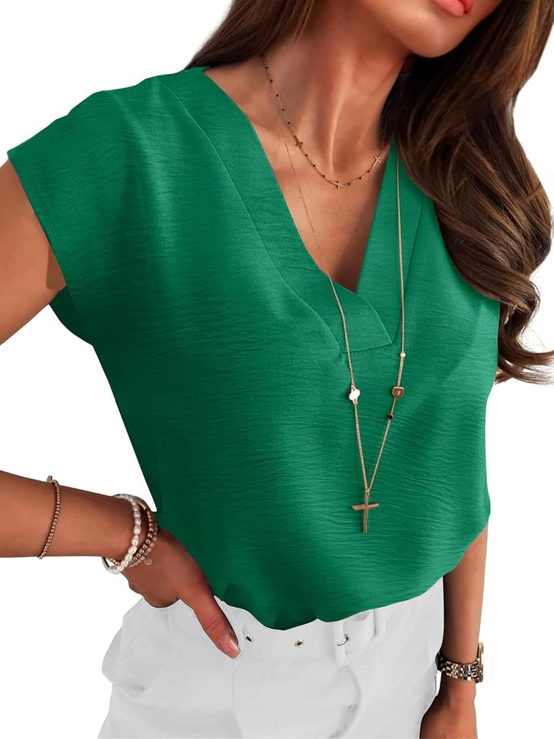 Women Tops Cap Sleeve Textured Dressy Casual V Neck Shirts 2025 Summer Business Work Blouses Outfits (Large, Green)