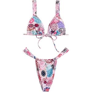 Women's High Waisted Bikini Set Floral Print Spaghetti Strap Smocked Wireless Bathing Suit Swimsuit 2 Piece Set, M