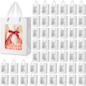 Harloon 48 Pieces Clear Window Paper Gift Bags with Handle 7.9 x 5.9 x 3.9 Inch Transparent Kraft Bags for Graduate Mother's Day Bridal Baby Shower Birthday Party(White)