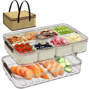 Snack Box Containers, Divided Serving Snack Tray with Lid - Double layered Stackable Snackle Platters with Bag, 8 Compartment for Snacks, Candy, Fruits, Nuts, Veggie for Fridge, Gray Large Organizer.