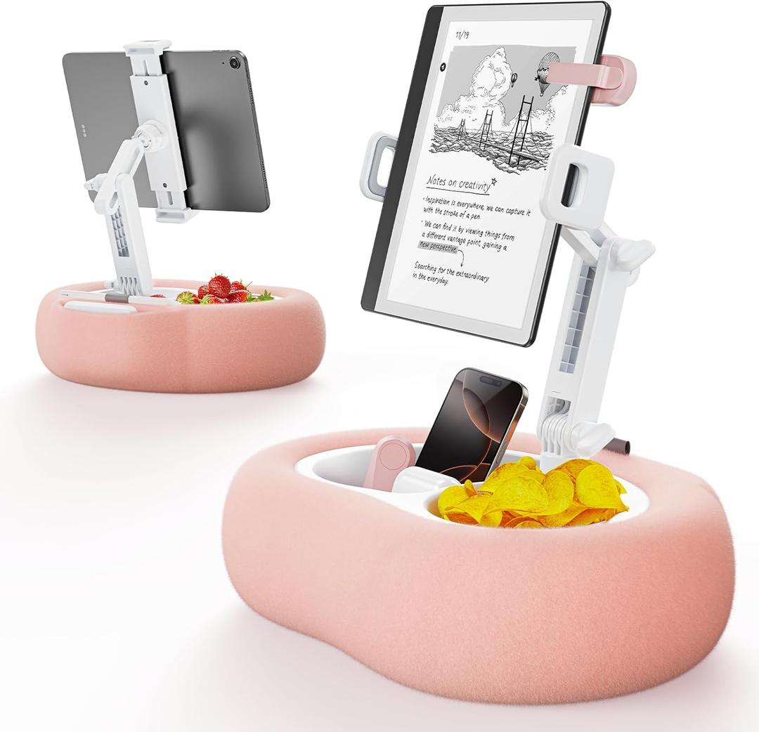 TAZENI Tablet Kindle Pillow Stand Holder with 2 Trays Fit 4''-13'' Phone/Tablet/Kindle iPad Holder Stand for Bed with Soft Plus Fabric Reading Accessories Gift, Pink