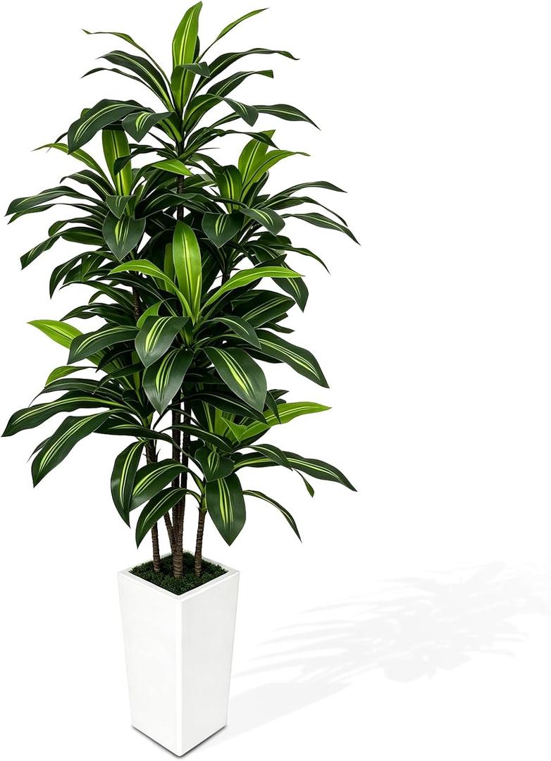 6FT Artificial Dracaena Tree with Tall White Planter - Large Fake Tree with Lifelike Leaves - Tall Faux Floor Plants for Indoor Outdoor, Artificial Trees Indoor for Home Office Room Decor