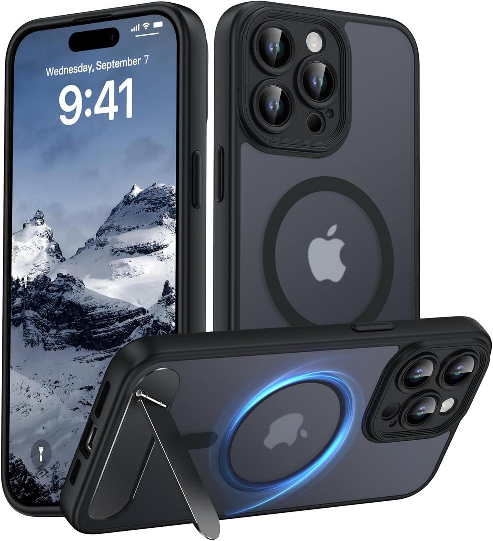 Magnetic Compatible with iPhone 15 Pro Max Case, [Built-in Kickstand][Full Camera Protection][Compatible with MagSafe][Anti-Fingerprint] Shockproof Phone Case for iPhone 15 Pro Max 6.7",Black