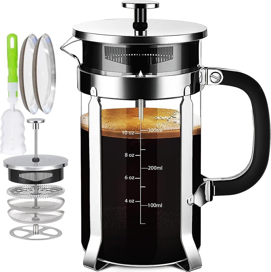 YMMIND French Press Coffee Maker 304 Stainless Steel Coffee Press,with 4 Filters System, Heat Resistant Thickness Borosilicate French Press Glass, BPA-Free Brewed Tea Pot Coffee Plunger(Copper 12oz)