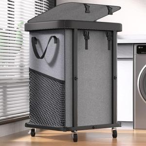 150L (40 Gal) Large Fashion Laundry Basket with Wheels, Leather Patchwork Rolling Hamper Carts, Sturdy Metal Frame, Removable Washable Bag, Tall Clothes Sorter for Bedroom, Laundry Room - Gary (Gray)
