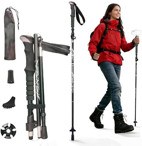 QIYUANCHUANG Foldable Hiking Pole 45-54” Height Adjustable 5'2"+, 1/4" Camera Mount Collapsible Trekking Pole 14" Compact for Women Seniors (Phone Stand Sold Separately)(1Pack, Black, EVA)