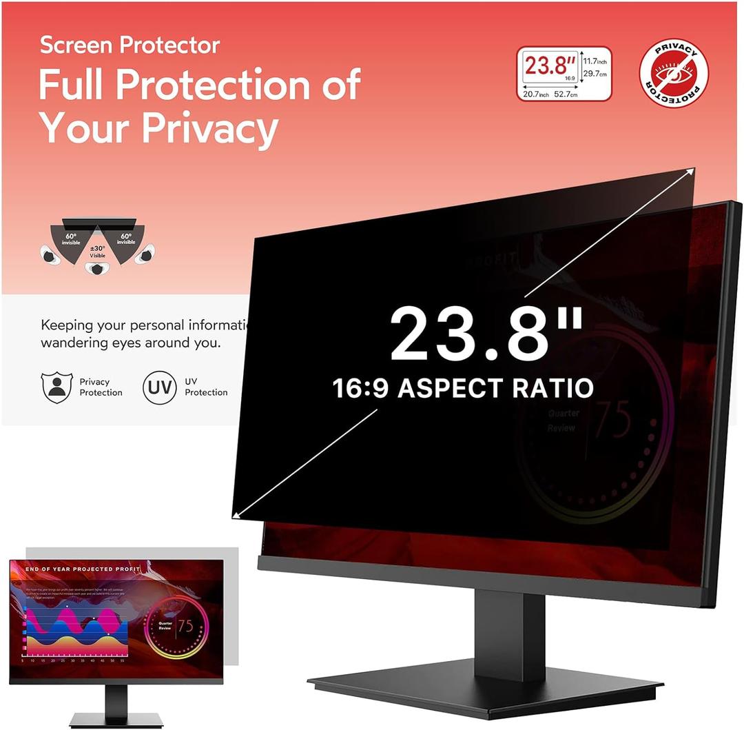BERSEM 23.8 inch Removable Computer Privacy Screen Filter for 16:9 Ratio Monitor, Anti-Spy, Anti-Glare, Anti-Scratch, UV-Blocking