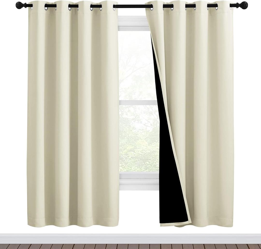 NICETOWN Living Room Completely Shaded Draperies, Privacy Protection & Noise Reducing Ring Top Drapes, Black Lined Insulated Window Treatment Curtain Panels (Beige, 2 Pieces, W46 x L72)