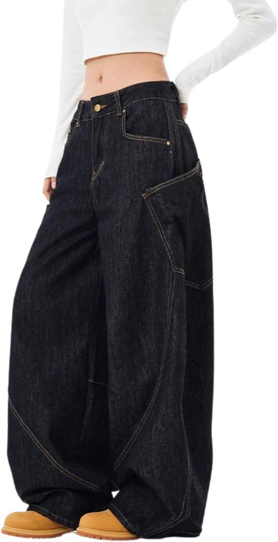 Baggy Jeans for Woman Men High Waisted Barrel Leg Jeans Casual Loose Denim Pants Streetwear Clothes (Small, Black1)