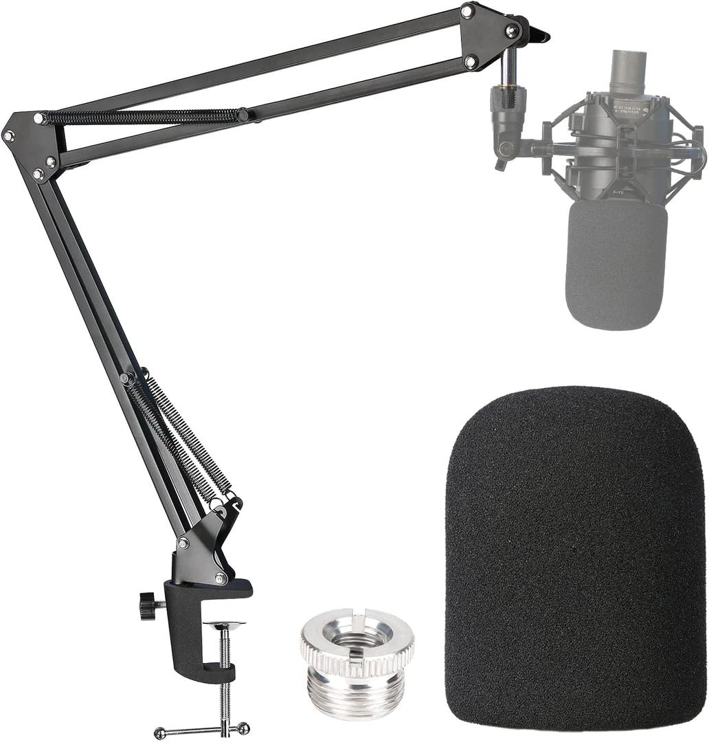 Audio-Technica AT2020 Mic Boom Arm with Foam Windscreen, Suspension Boom Scissor Arm Stand with Pop Filter Cover for Audio-Technica AT2020 Microphone by SUNMON