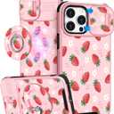 Buleens for iPhone 15 Pro Case 6.1 Inch - with Ring Stand & Camera Cover Aesthetic Cute Designed for Women Girls Girly Pretty Strawberry for Phone Case for iPhone 15 Pro Compatible with Magsafe (Cute Strawberry)
